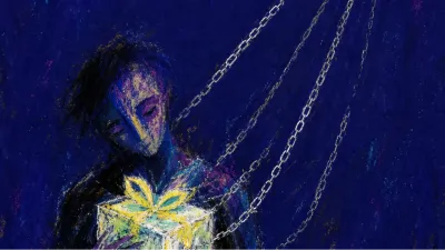 A solitary figure holds a bright object as thin chains pull it back toward a black cube in deep indigo space