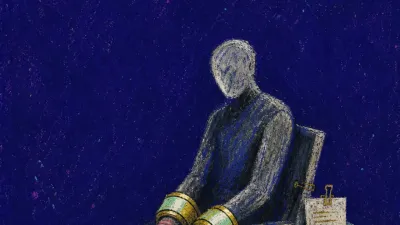 A seated figure with wrists circled by glowing bands, pay slips and a company badge fastening the chair in deep indigo space