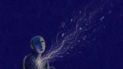A slumped figure beside emptied cups as glowing message threads pull pale light from the chest into deep indigo space