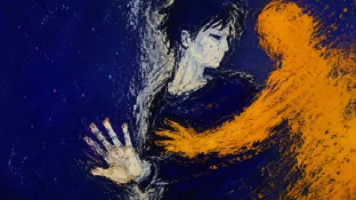 A half-turned figure holds one palm open while an amber silhouette overlaps the torso but remains outside an indigo frame.