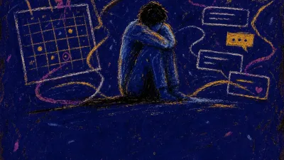A solitary figure beneath suspended calendars and message threads, shoulders marked by repeated pressure inside a glowing ind