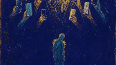 A solitary figure under a bright group spotlight, raised cups and phone screens pressing attention into their shoulders