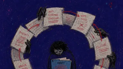 A solitary figure pressed against a review gate, marked-up pages looping from unseen hands into the same open folder