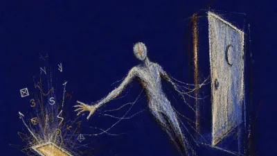 A solitary figure stands between a glowing phone and a half-closed doorway, silver gaps pulling backward through deep indigo