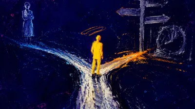 A solitary figure with feet frozen on narrowing ground as signposts converge toward a waiting silhouette across the gap.
