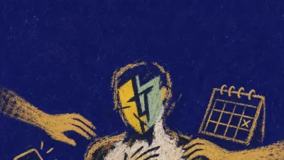 A solitary figure held at the shoulders as household hands pull a phone, calendar, and doorway into one tightening loop