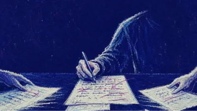 A bent figure at a shared table, one hand still editing while other hands slide finished pages into cold indigo space