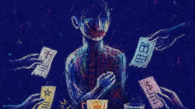 A solitary figure with crossed arms before offered cups, red ledger lines tightening around the chest and mouth