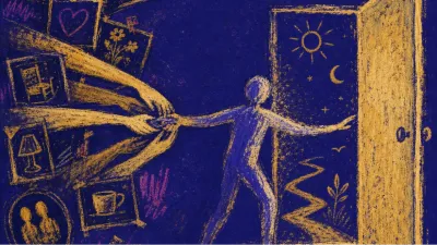 A solitary figure at an open doorway, wrists pulled backward by glowing photos and familiar hands from a bright enclosed room