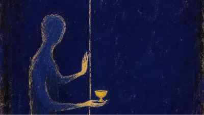 A solitary figure holds one open hand near a boundary line as another hand offers a small cup without crossing it