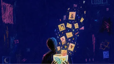 A solitary figure holding a glowing cup while old photos and messages cast light, with darker missing scenes outside the edge