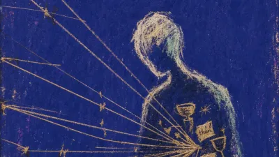 A solitary figure holding a forward thread as old messages and cups arc back toward the chest in faded gold and indigo
