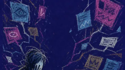A solitary figure frozen at a crowded desk as branching screens and floating cards form a misted corridor with no clear exit