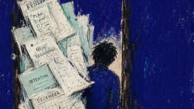 A solitary figure in a narrowing doorway, calendar pages pressing into the upper back as one foot crosses outward