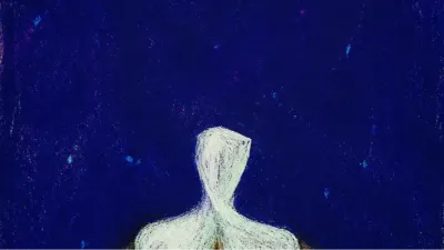 A solitary figure held rigid while outside hands polish a bright shell, leaving a narrow body visible behind it