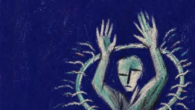 Demands circling one body A solitary figure with raised hands moving two linked objects as waves push inward and dark space tightens around the body