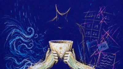 A solitary figure holds a cup as calendars and tide lines press against their forearms, leaving pale impressions