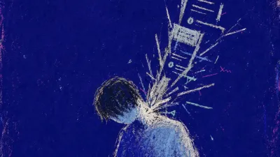 A seated figure bends over one notebook as deadline pages and notification threads press at the neck and wrists.