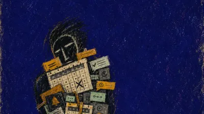 A solitary figure hunched under calendar blocks, wrists tightened around a rigid bundle in indigo space