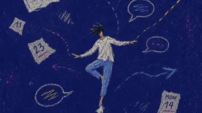 A solitary figure balancing on one foot as calendar pages, message bubbles, and transit lines pull outward into silver gaps