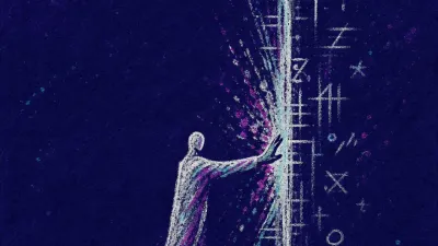 A solitary figure touches a locked threshold while hands raise measuring marks and the frame presses against their wrists
