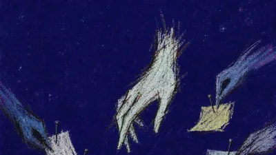A solitary figure pauses over a blueprint as surrounding hands pin notes onto the work, trapping the design in deep indigo
