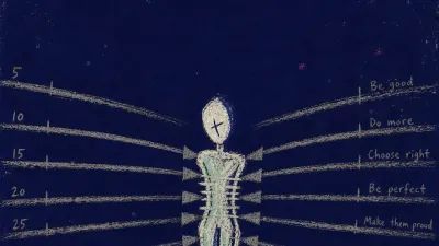 A solitary figure boxed inside rigid rails, with pressed shoulders and pale marks where milestones close in