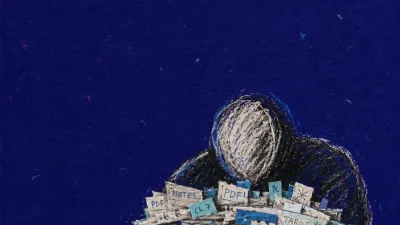 A hunched figure at a blank page, forearms covered by stacked notes, tabs, and PDFs in deep indigo light