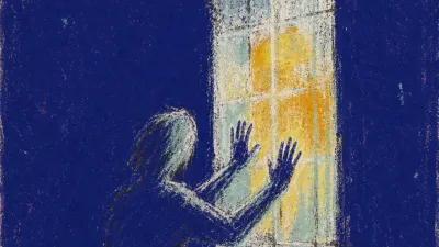 A solitary figure presses both palms to a glowing window, cold glass leaving impressions while the doorway stays sealed