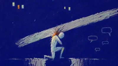 A solitary figure leans under a sagging plank, one shoulder pressed down as lit windows and pale message bubbles stay distant