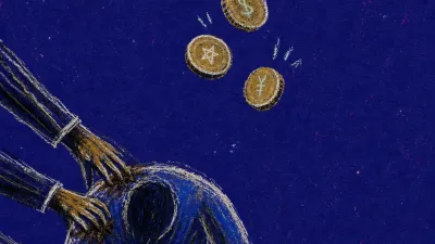 A solitary figure bent over a ledger as hands add tasks to their shoulders and coins hang out of reach overhead