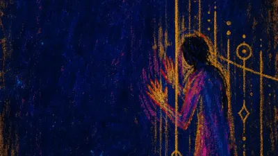 Access testing the boundary A solitary figure inside a marked garden boundary, hands reaching toward gates around warm gold lines in deep indigo space