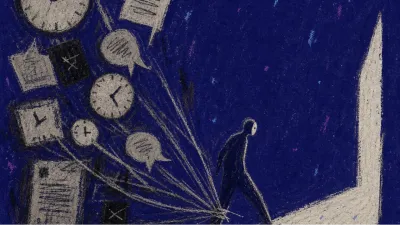 A solitary figure half-stepping over a threshold, ankle pulled back by pale clocks and papers in deep indigo space