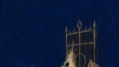 A solitary figure leans toward a closed gate beside a still horse, with faded tracks stopping under deep indigo space