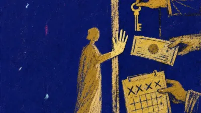 A solitary figure at a half-open doorway, one hand on the frame as keys, bills, and calendars block the exit.
