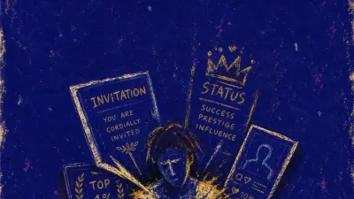 A solitary figure with shoulders pressed inward as raised symbols, glowing screens, and invitations leave pressure marks in a