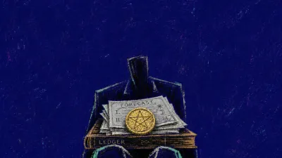 A solitary seated figure with a coin and forecast sheets pressed onto their knees by hands reaching from above