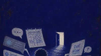 A solitary figure pulled toward a lit doorway by calendar pages, message bubbles, and open tabs pressing inward