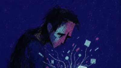 A solitary figure bent over a glowing phone, scattered signals pulling at the hand as pale marks spread across the screen