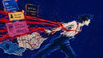 A solitary figure leaning forward as reins and wind pull the torso, with loose maps tearing into deep indigo space