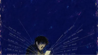 A solitary figure holding a lit phone as many message lines converge on the hands, leaving sharp marks in deep indigo space