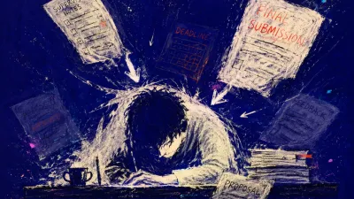 A solitary figure hunched over a desk as papers, notes, and deadline marks press toward their shoulders in deep indigo space