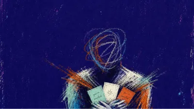 A solitary figure with shoulders drawn in, crossed hands and glowing invitations pressing the space into narrow lanes
