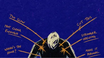 A hunched figure over an open draft as margin notes and message lines strike the shoulders, leaving sharp marks in indigo air