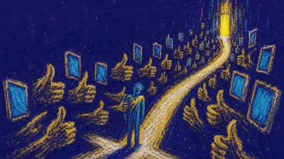 A solitary figure at a forked path, raised hands and glowing screens narrowing one route into a public corridor