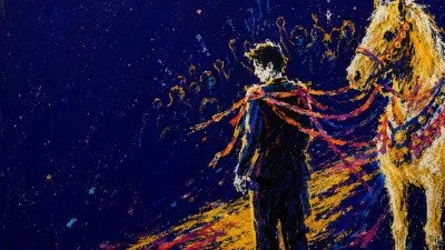 A solitary figure beside a decorated horse, shoulders held by ribbons from watching silhouettes as a path narrows ahead