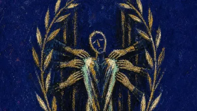 A solitary figure inside a laurel-shaped frame, raised hands pressing bright applause marks into their shoulders