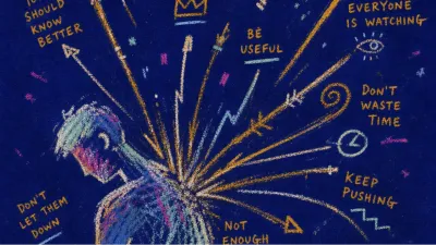 A solitary figure with bent shoulders as glowing messages and thin wands press into the back and crowd the surrounding air