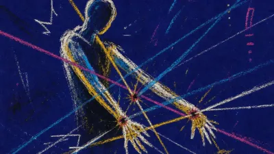 A solitary figure at a desk with hands split across glowing message lines, tiny punctures marking each incoming signal