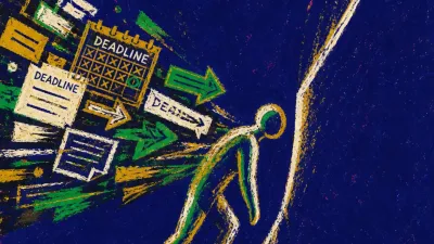 A solitary figure leaning into a narrow diagonal opening, papers and calendar blocks pressing against the upper back